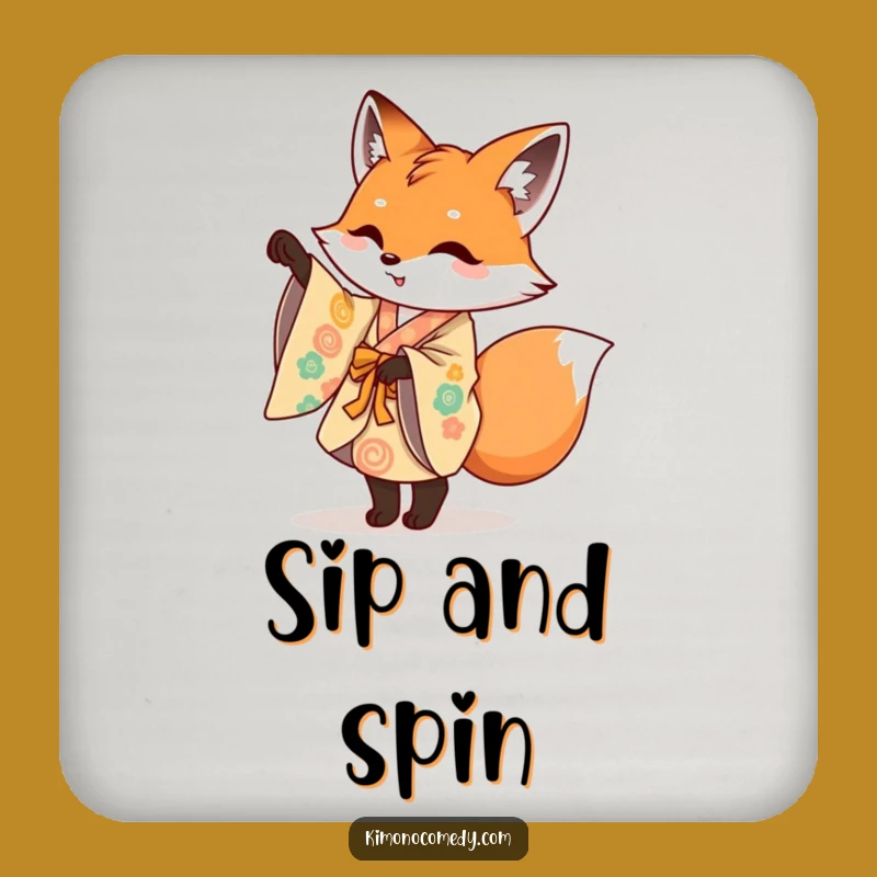 Funny Fox Kimono Drink Coaster: Mischievous Fox Pirouette, Protect Surfaces with Art