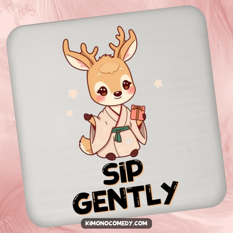 Funny deer coaster featuring a gentle creature in a serene kimono, offering a small gift with a warm smile.