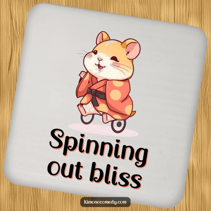 Funny Hamster Kimono Coasters: An energetic hamster in a kimono running on a wheel, a humorous and protective coaster set.