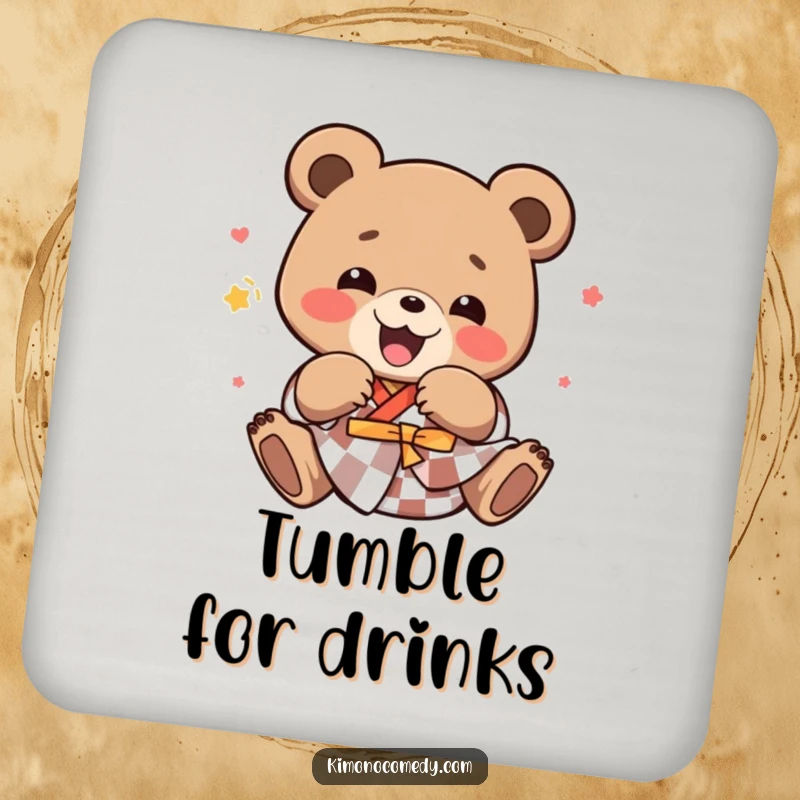 Funny kawaii bear in a checkered kimono, tumbling with pure delight, as a protective drink coaster.