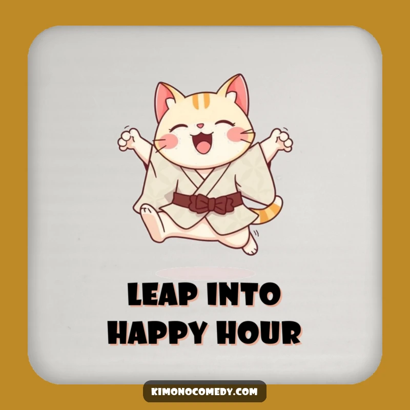 Funny Kawaii Cat Drink Coaster - Graceful Leap Kimono Decor