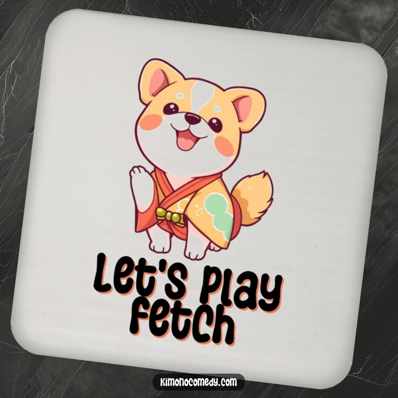 Funny kawaii dog wearing a bright kimono, wagging tail, absorbent drink coaster.