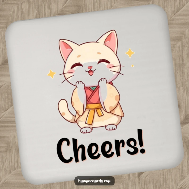 Funny Kawaii cat in a silk kimono clapping paws joyfully, absorbent and decorative coaster with a humorous cat design.