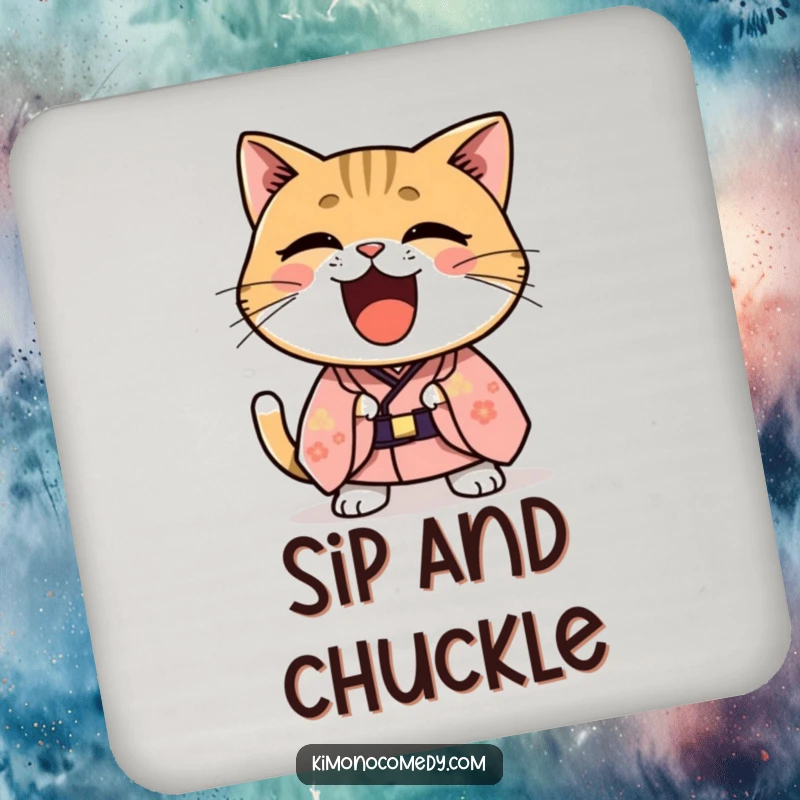 Funny Kawaii cat in a formal kimono laughing joyfully, absorbent and decorative coaster featuring a humorous cat.