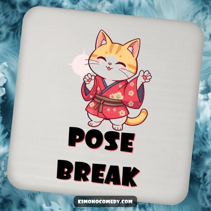 Funny Kawaii cat in a vibrant kimono posing humorously, absorbent and decorative coaster with a comical cat design.