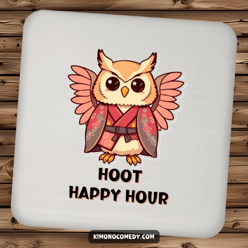 Funny kawaii owl wearing a regal kimono, comically proud, decorative drink coaster.
