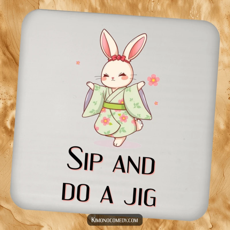 Funny Kawaii Rabbit Coasters: A set of coasters featuring a rabbit in a floral kimono dancing joyfully, adding charm.