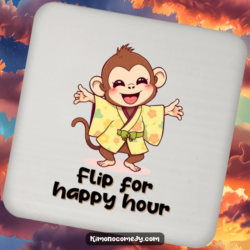 Funny drink coaster with a joyful monkey in a bright kimono doing a silly flip, adding humor to any surface.