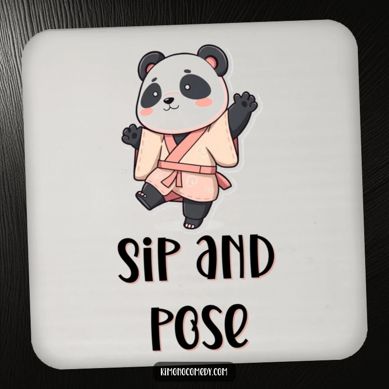 Funny panda coaster, a panda in a vibrant kimono striking a playful pose with one leg raised, funny gift.