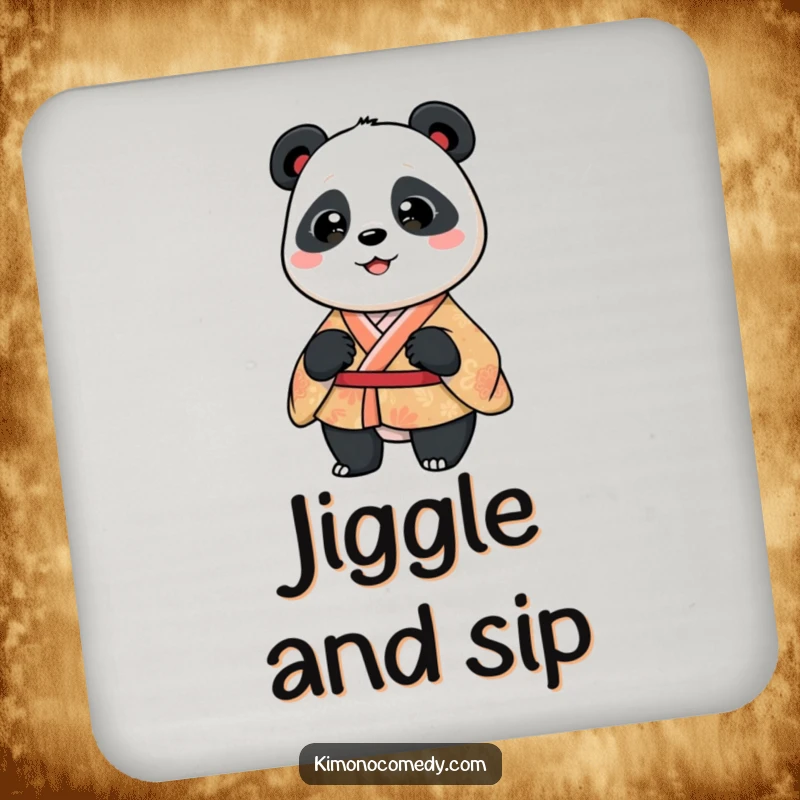 Funny panda in a patterned kimono, doing a silly wiggle. A protective and humorous drink coaster.