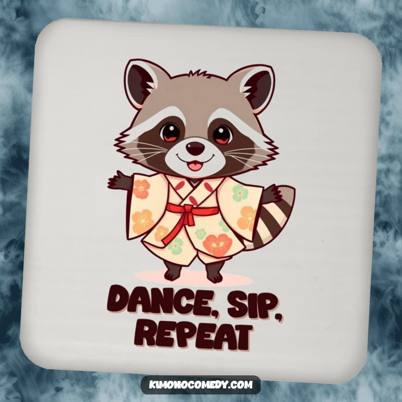 Funny raccoon in a festive kimono, dancing, designed as a humorous drink coaster for table protection.