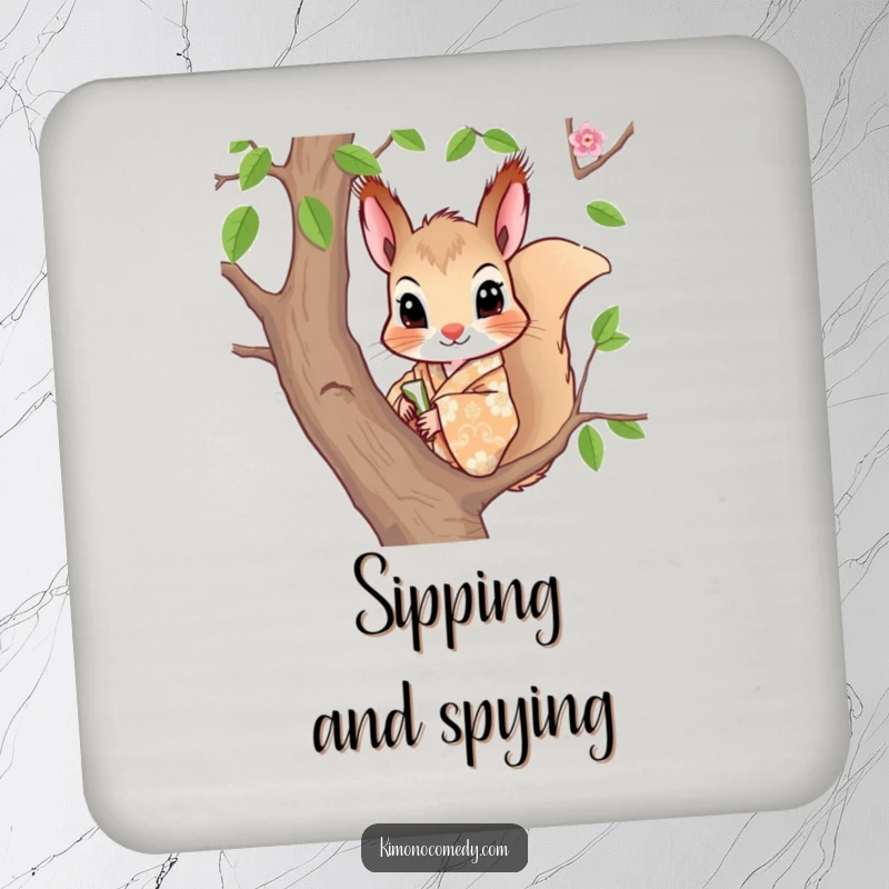 Funny drink coaster featuring a curious squirrel in a patterned kimono, peeking from a tree, adding stylish humor.