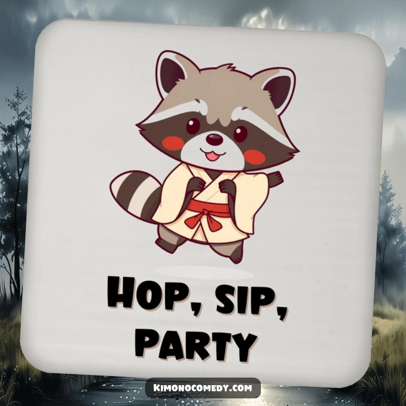 Funny kawaii raccoon in a simple kimono doing a playful hop on drink coasters, offering humorous anime-themed table protection.