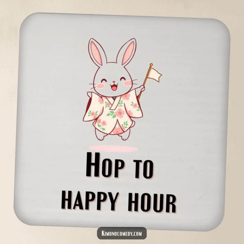 Funny drink coaster featuring a rabbit in a floral kimono hopping excitedly and waving a small flag, protecting surfaces with festive humor.