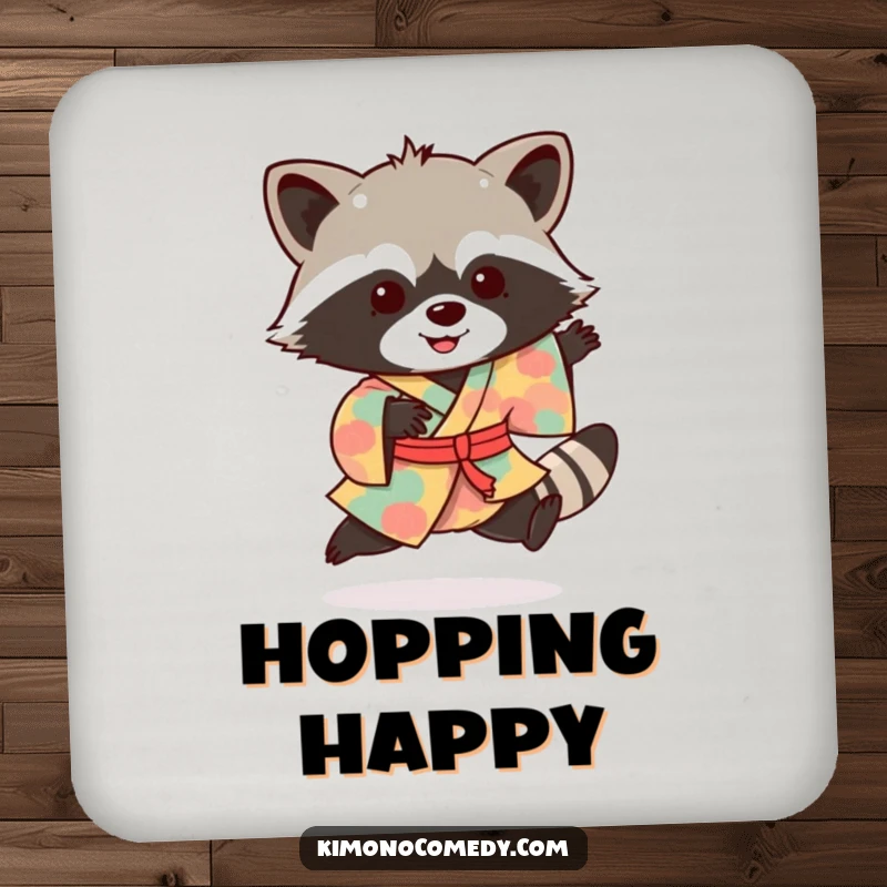 Funny raccoon coaster featuring a playful bandit in a colourful kimono, doing an excited hop, perfect for drinks.