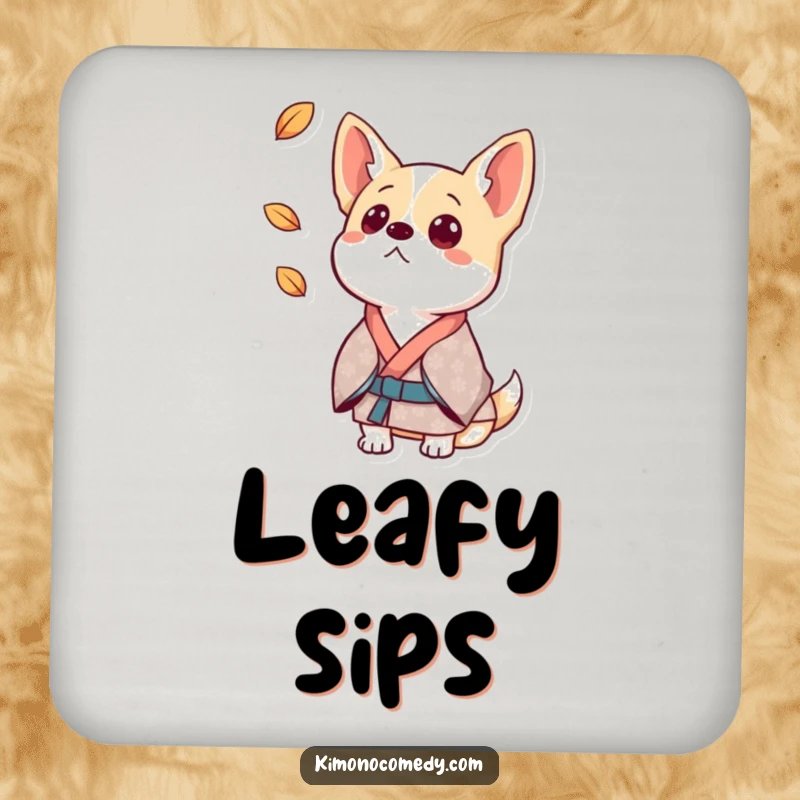 Funny dog coaster featuring a surprised dog in a patterned kimono, ears perked, perfect for drinks.