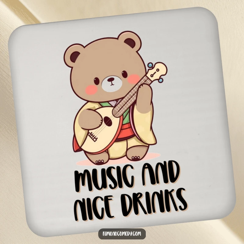 Funny Kawaii Bear Coasters: A set of coasters featuring a bear in a kimono playing a shamisen, adding musical charm.
