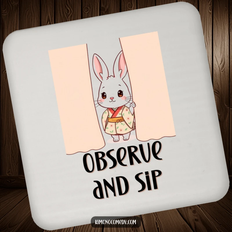 Funny kawaii rabbit kimono coaster, with a rabbit peeking shyly, protecting surfaces with charm and cuteness.
