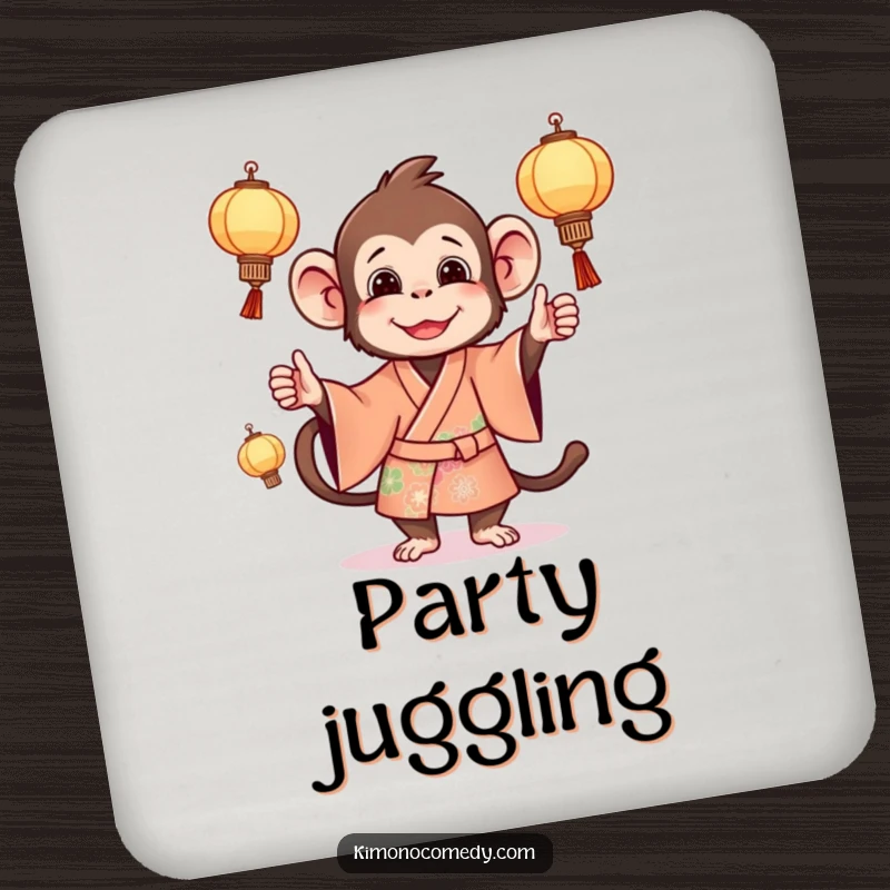 Funny monkey coaster featuring a mischievous primate in a bright kimono, juggling miniature lanterns, perfect for drinks.