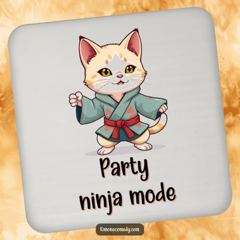 Funny Kawaii Cat Drink Coaster: Playful character in a colorful kimono, striking a dynamic ninja pose, adding style to table settings.