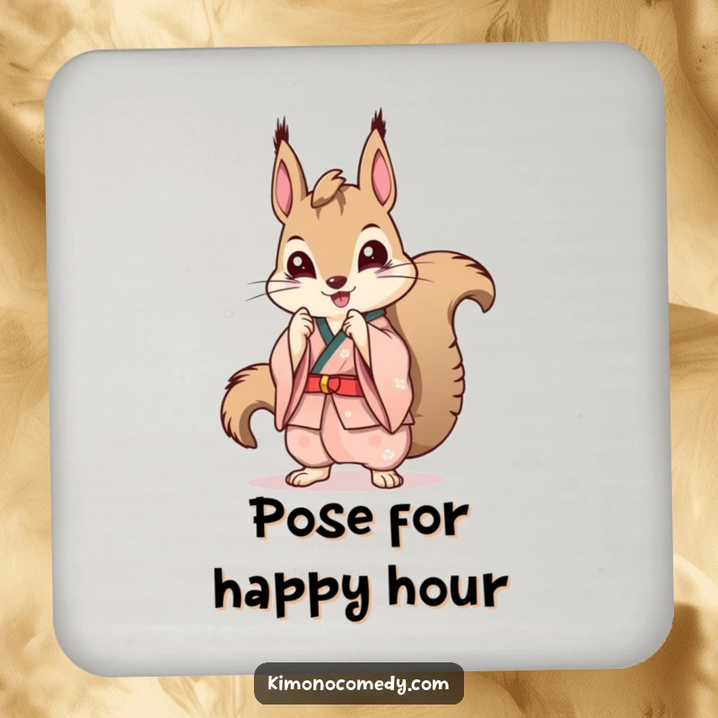 Funny Kawaii Squirrel Coasters: A set of coasters featuring a squirrel in a stylish kimono striking a pose, adding chic flair.