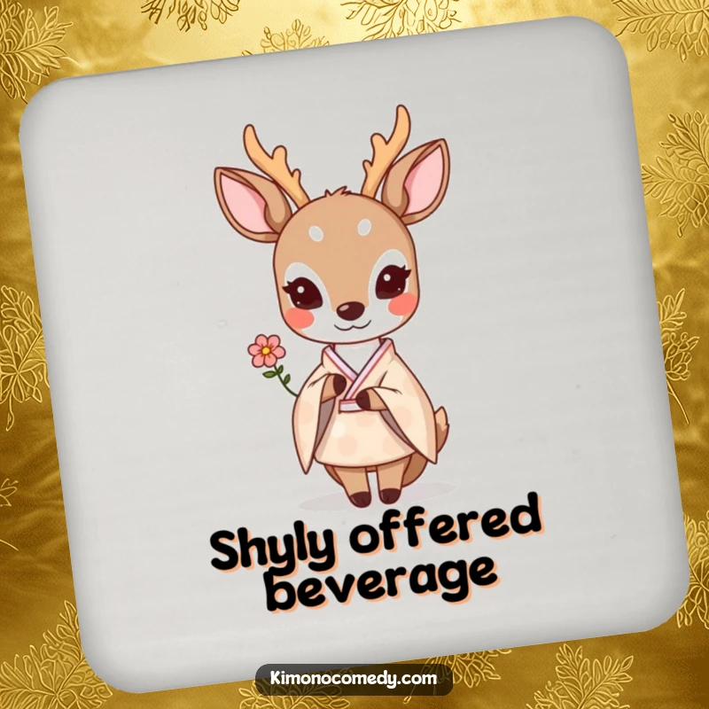 Funny shy kawaii deer in a pastel kimono, offering a small flower shyly, as a protective drink coaster.