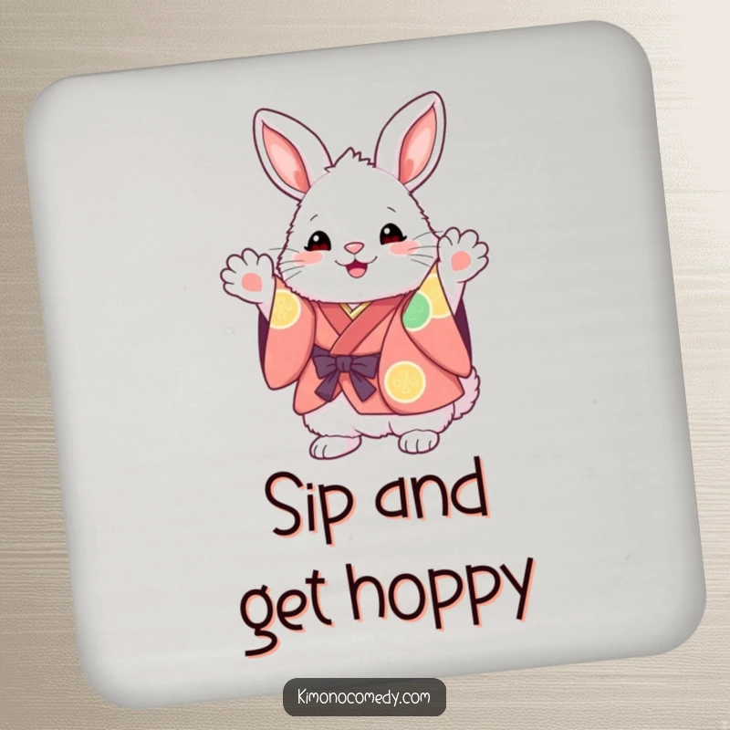 Funny Kawaii Bunny Drink Coaster: Fluffy character in a vibrant kimono, excitedly waving paws, protecting surfaces with cute flair.