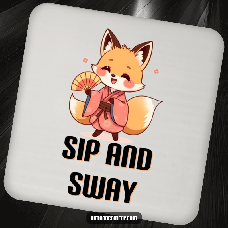 Funny kawaii fox kimono coaster, with a fox dancing energetically, protecting surfaces with charm and style.