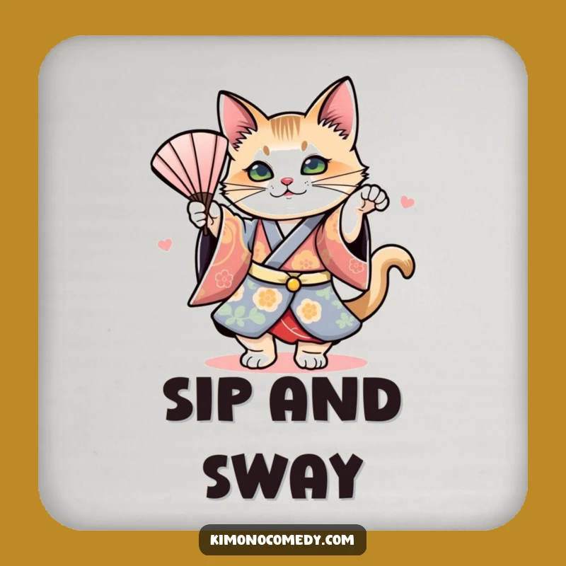Funny Cat Kimono Fan Dance Coaster: Protect Surfaces with Artistic Humor