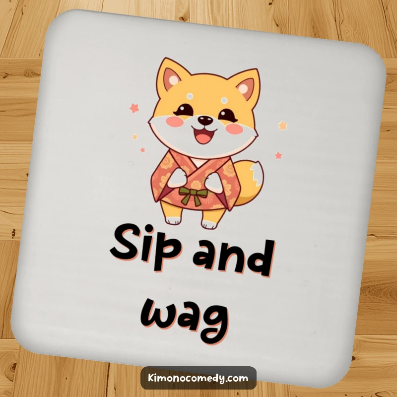 Funny Shiba Inu Coaster: A happy dog in a festive kimono protects your surfaces with a cheerful, wagging presence.