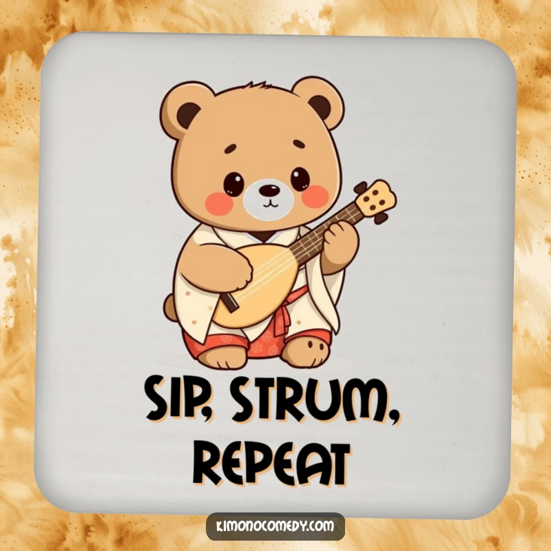 Funny kawaii bear playing shamisen in a kimono on drink coasters, adding humorous Japanese flair to table protection.