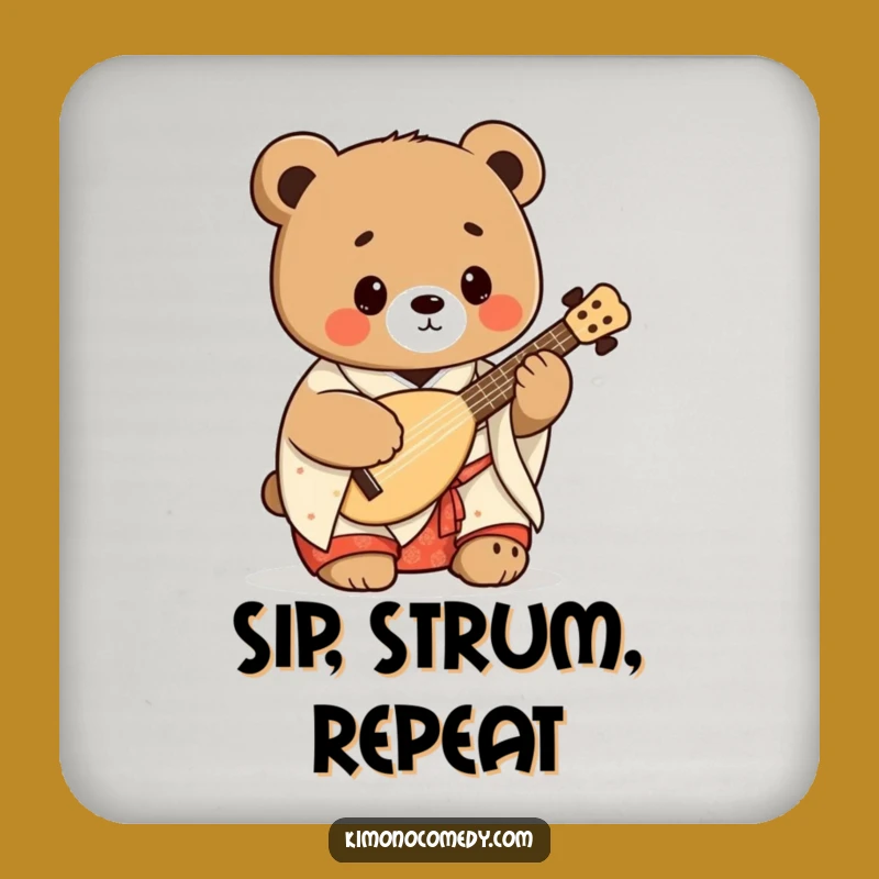 Funny Kawaii Bear Shamisen Coaster Set: Protect Surfaces with Japanese Humor