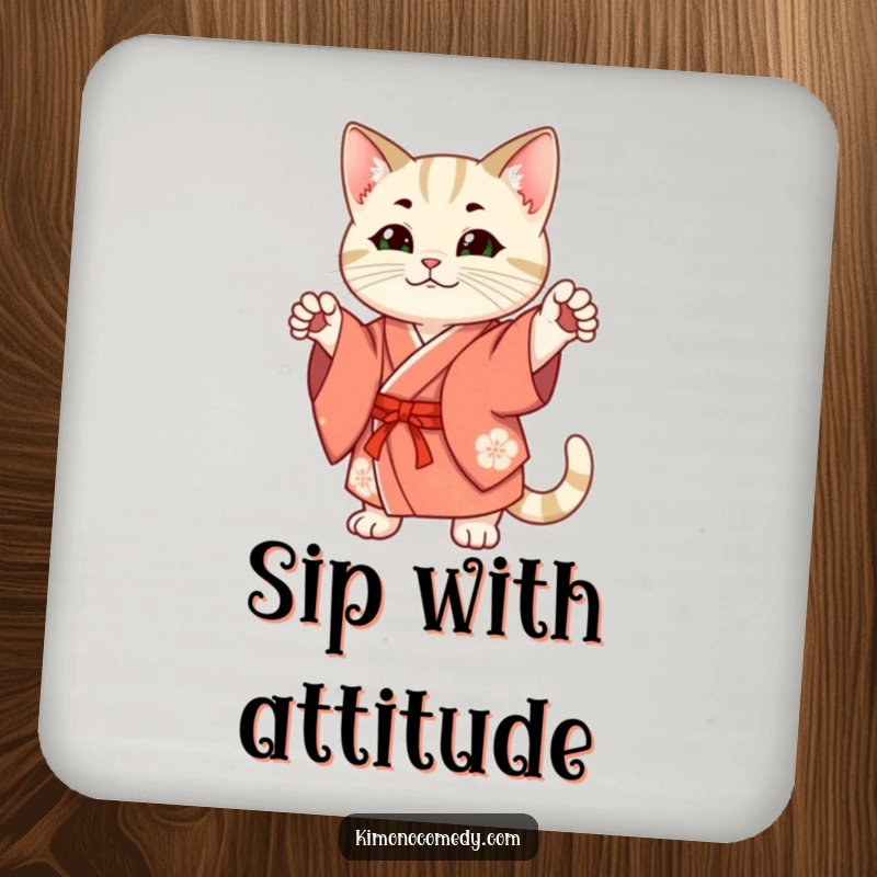 Funny Coasters: A cat in a traditional kimono strikes a pose, protecting surfaces with feline elegance and a touch of humor.