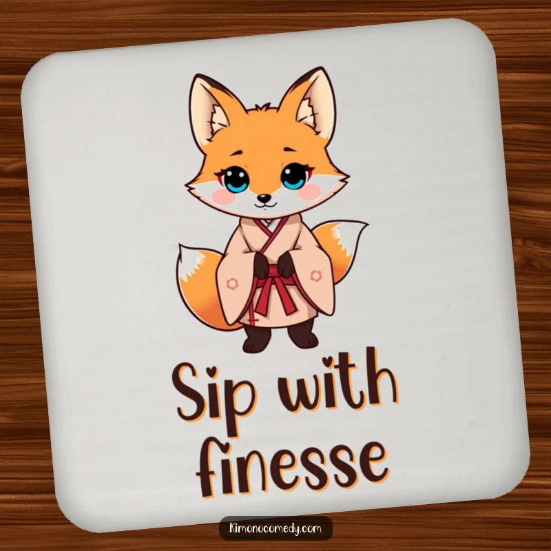 Funny fox in a traditional kimono, striking a confident pose. A stylish and protective drink coaster.