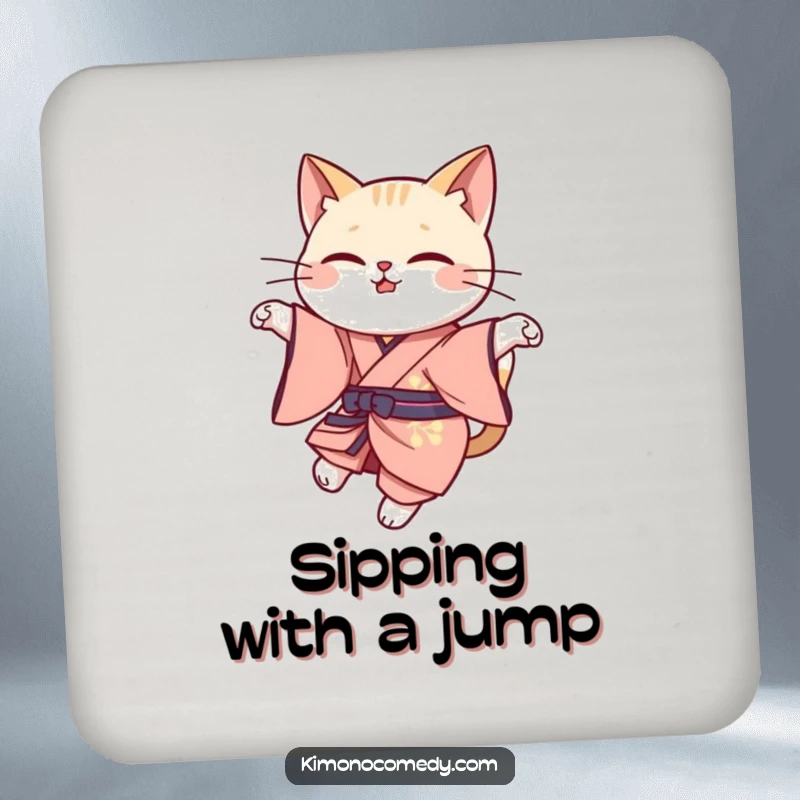 Funny cat leap coasters featuring a kawaii cat in elegant kimono attire, gracefully leaping, protecting surfaces with style.
