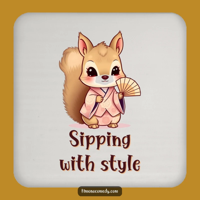 Funny Kawaii Squirrel Drink Coaster: Fan Kimono Protection, Perfect Party Gift!