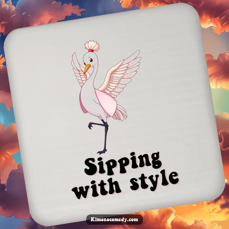 Funny crane in a flowing kimono dancing gently, absorbent drink coaster, cute table protector, perfect humorous gift.