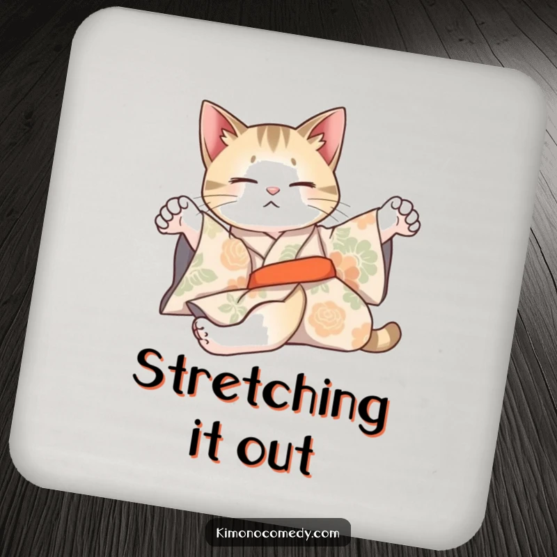 Funny drink coaster featuring an artistic cat in a patterned kimono, stretching lazily, adding elegant humor.