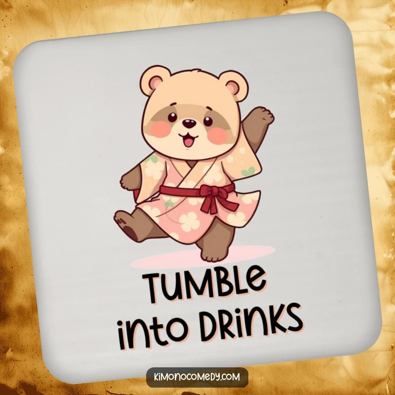 Funny drink coaster with a playful bear cub in a vibrant kimono, doing a clumsy cartwheel, adding a touch of fun protection.