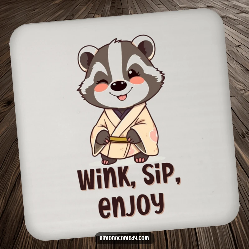 Funny badger in a kimono, smiling and winking, designed as a humorous drink coaster for table protection.