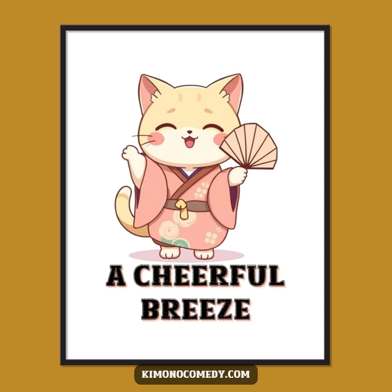 Funny Cat Fan Poster: Kawaii Festive Kimono Art, Joyful Waving Decor Gift