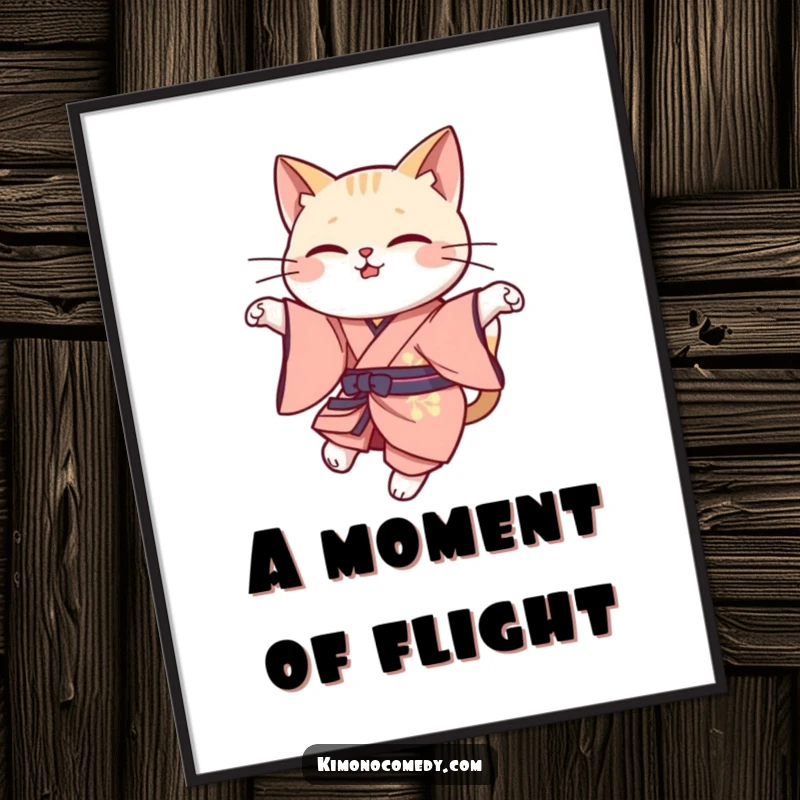 Funny cat leap poster art of a kawaii cat in elegant kimono attire, performing a graceful leap, adding artistic flair.