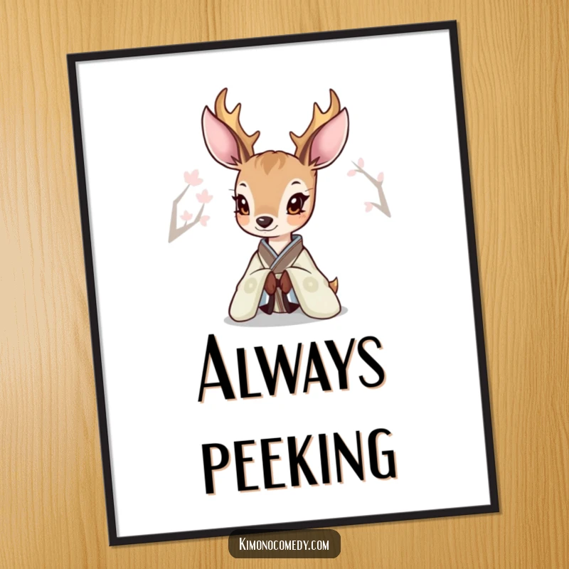 Funny Deer Kimono Poster showing a deer curiously peeking from an elegant kimono, adding refined art to any room.