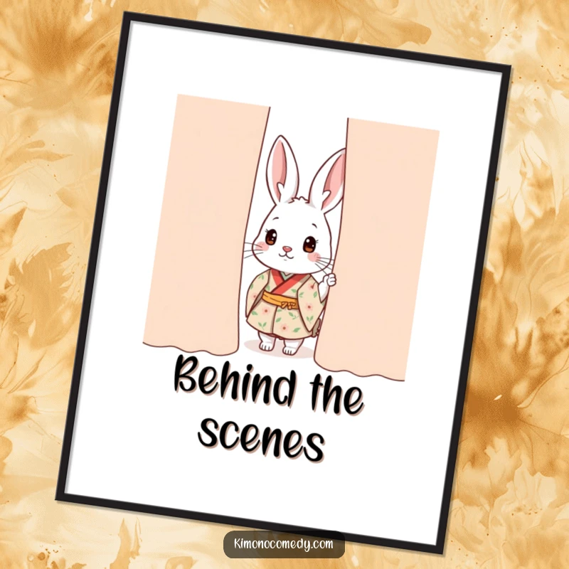 Funny kawaii rabbit poster, wearing a floral kimono and peeking from behind a curtain, creating whimsical and humorous wall art.