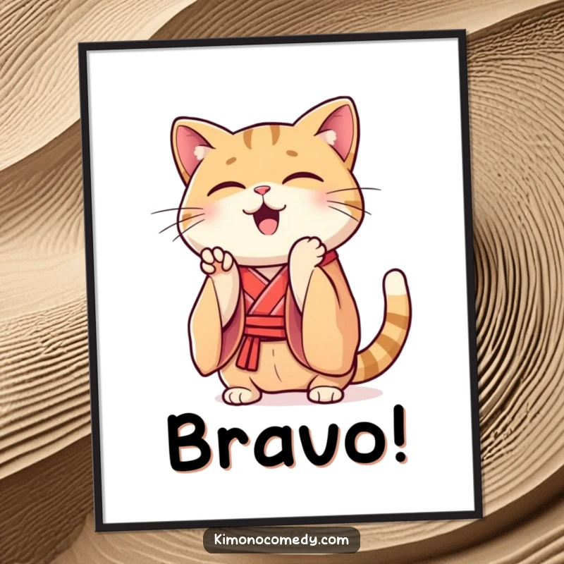 Funny Kawaii cat poster, illustration of a cat in a silk kimono clapping paws enthusiastically, humorous and celebratory wall decor.
