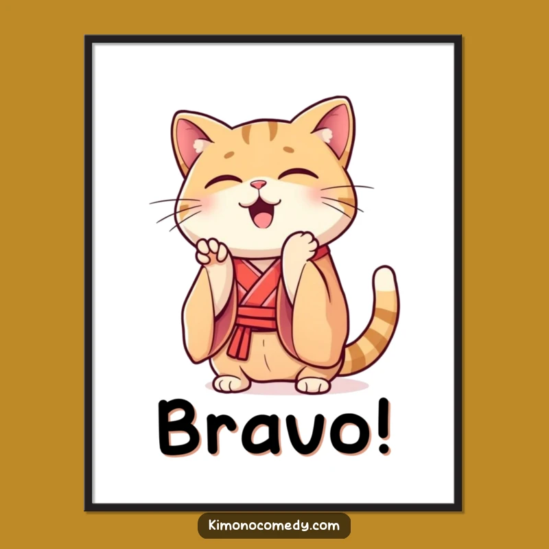 Funny Kawaii Cat Kimono Poster: Enthusiastic Claps, Whimsical Gift!