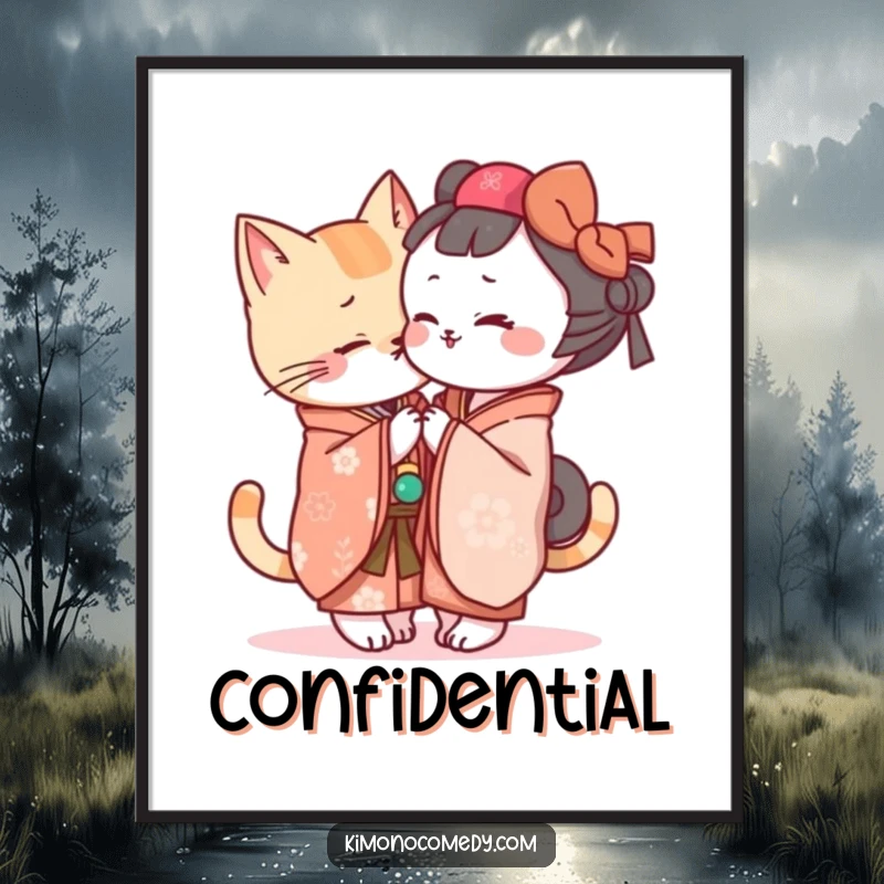 Funny Kawaii cat in a kimono whispering secrets, whimsical and humorous wall art print for home or office decor.