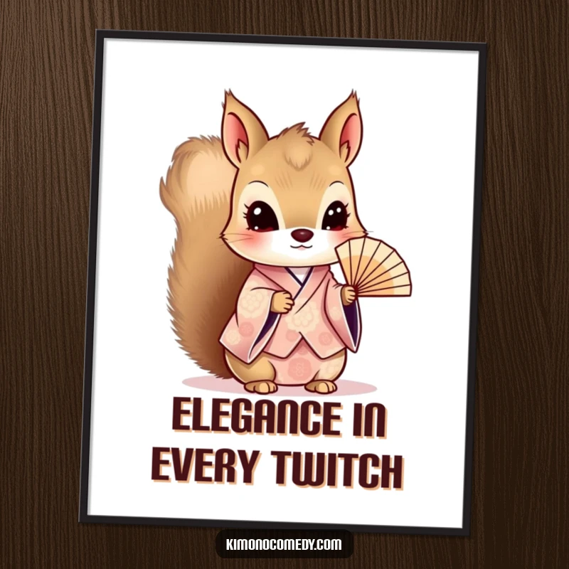 Funny Kawaii Squirrel Poster: Curious character in a patterned kimono, holding a delicate fan, creating a charming and artistic wall display.