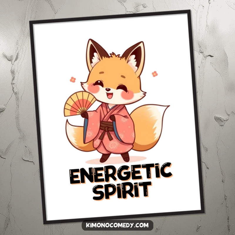 Funny kawaii fox poster, wearing a vibrant kimono and doing an energetic fan dance, creating dynamic and humorous wall art.