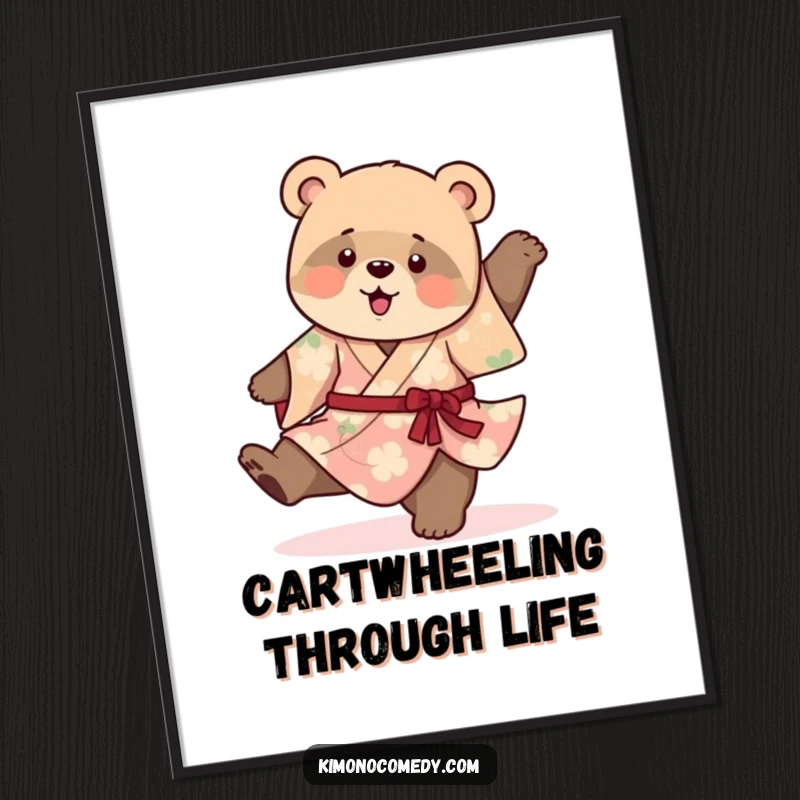 Funny wall poster of a playful bear cub in a vibrant kimono, hilariously doing a clumsy cartwheel, adding a touch of playful chaos.